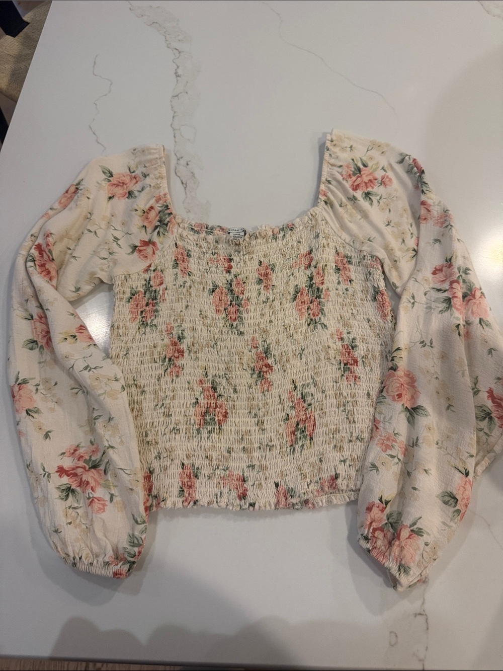 American Eagle Floral Smocked Long-Sleeve Crop Top - size small